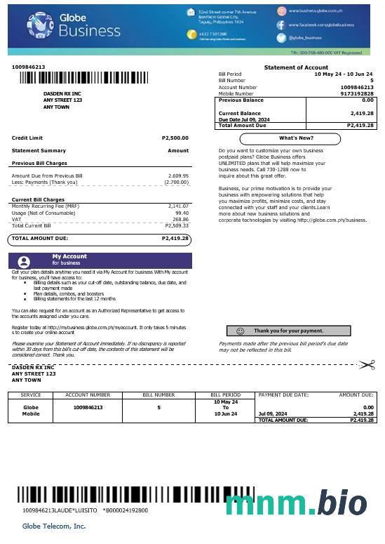 Filipiny Globe Business Business utility bill szablon w formacie Word i PDF